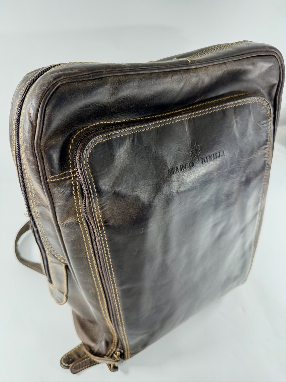 Vintage Distressed Leather Backpack Marco Daniela Brown Laptop Travel Bag